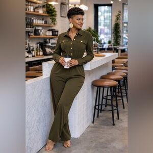 Chic Olive Button-Up Jumpsuit